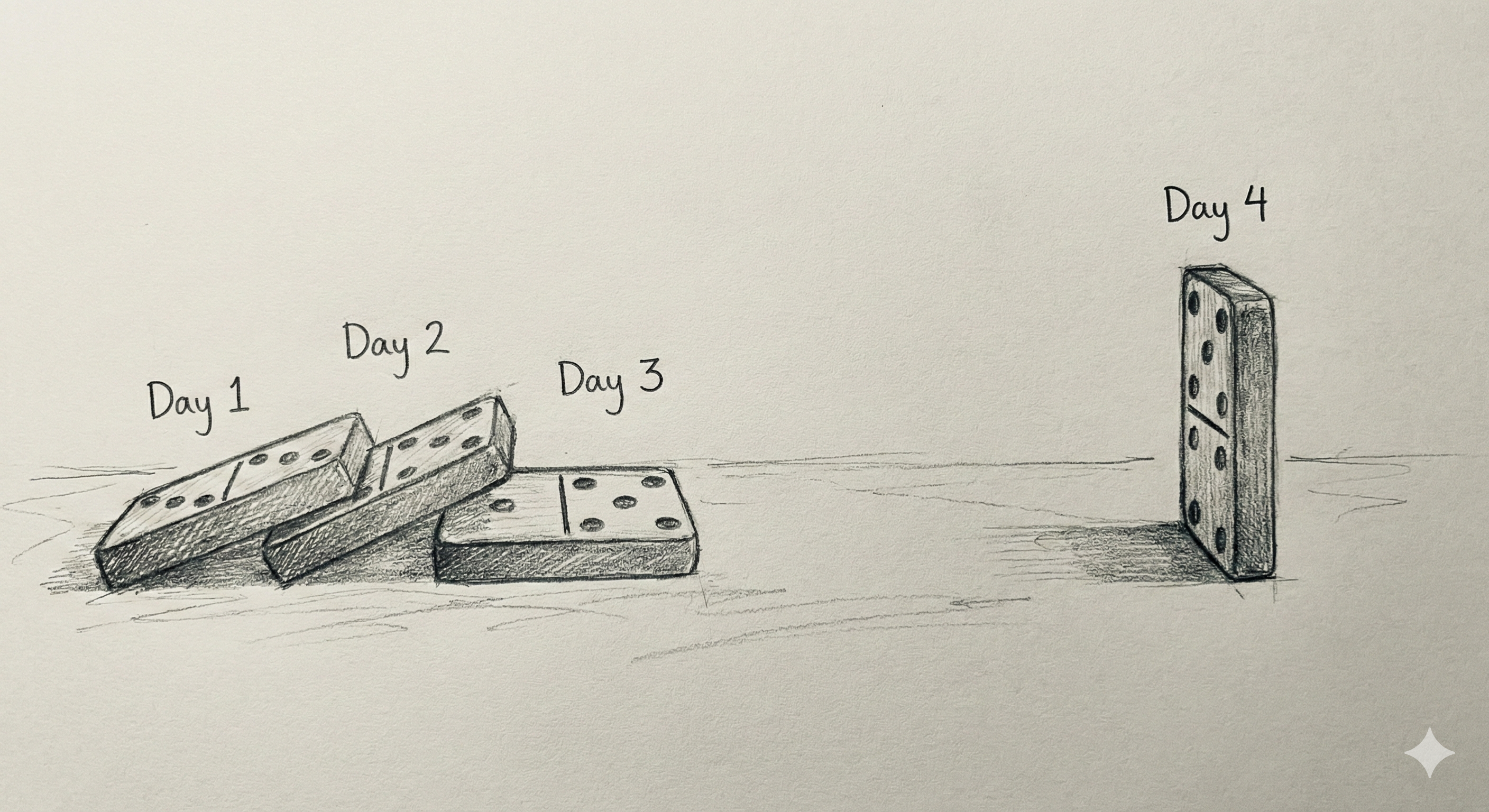 Dominoes sketch - Days 1-3 fallen, Day 4 standing