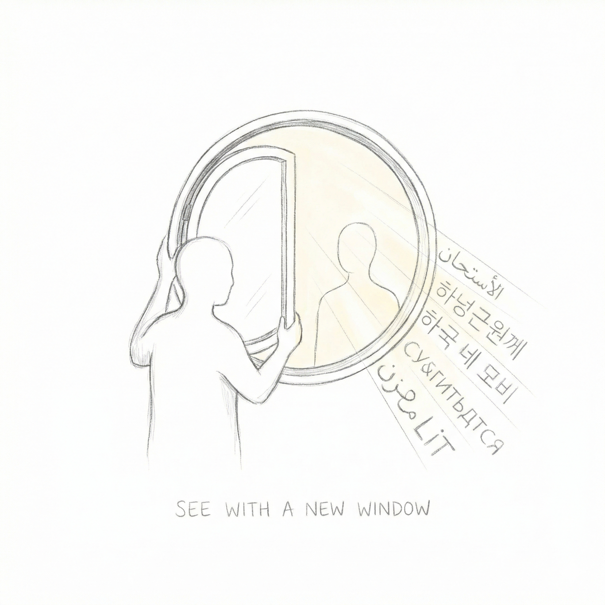 Person opening a round window seeing the world with different languages sketch