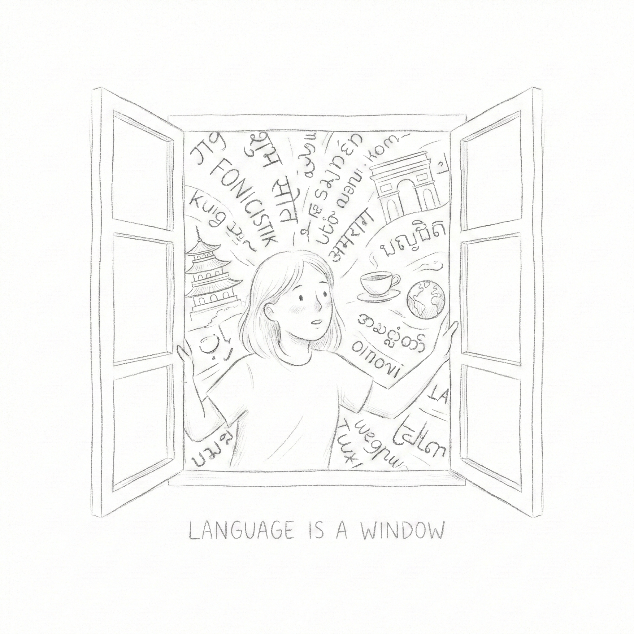 Person looking out window at world with different languages and cultures sketch