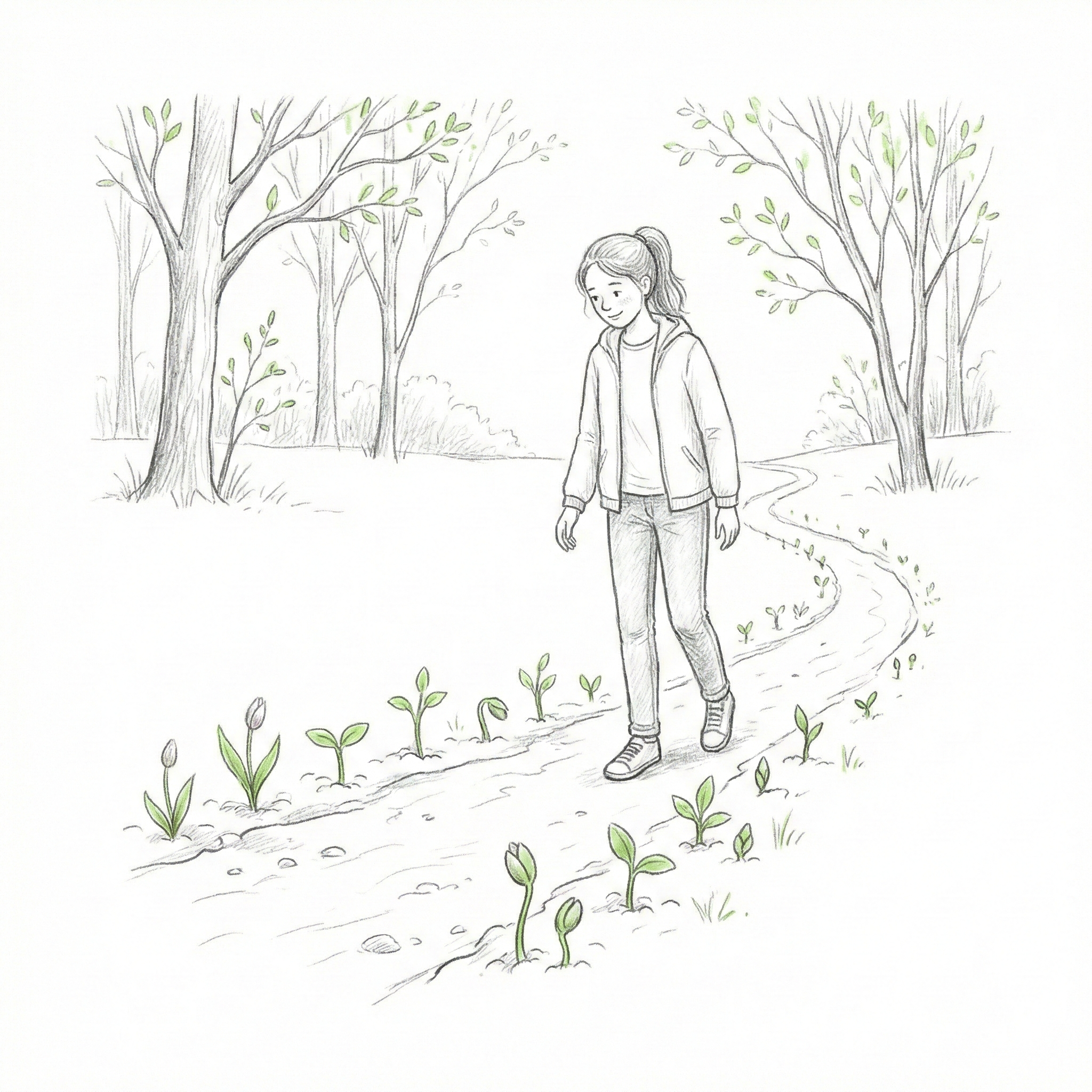 Person walking on path with spring sprouts and trees sketch
