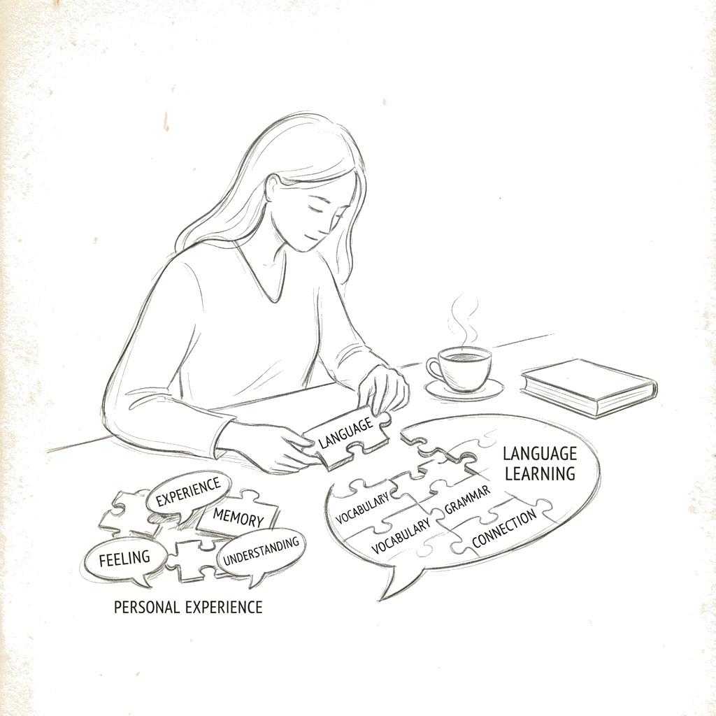 Person connecting puzzle pieces of language and experience sketch